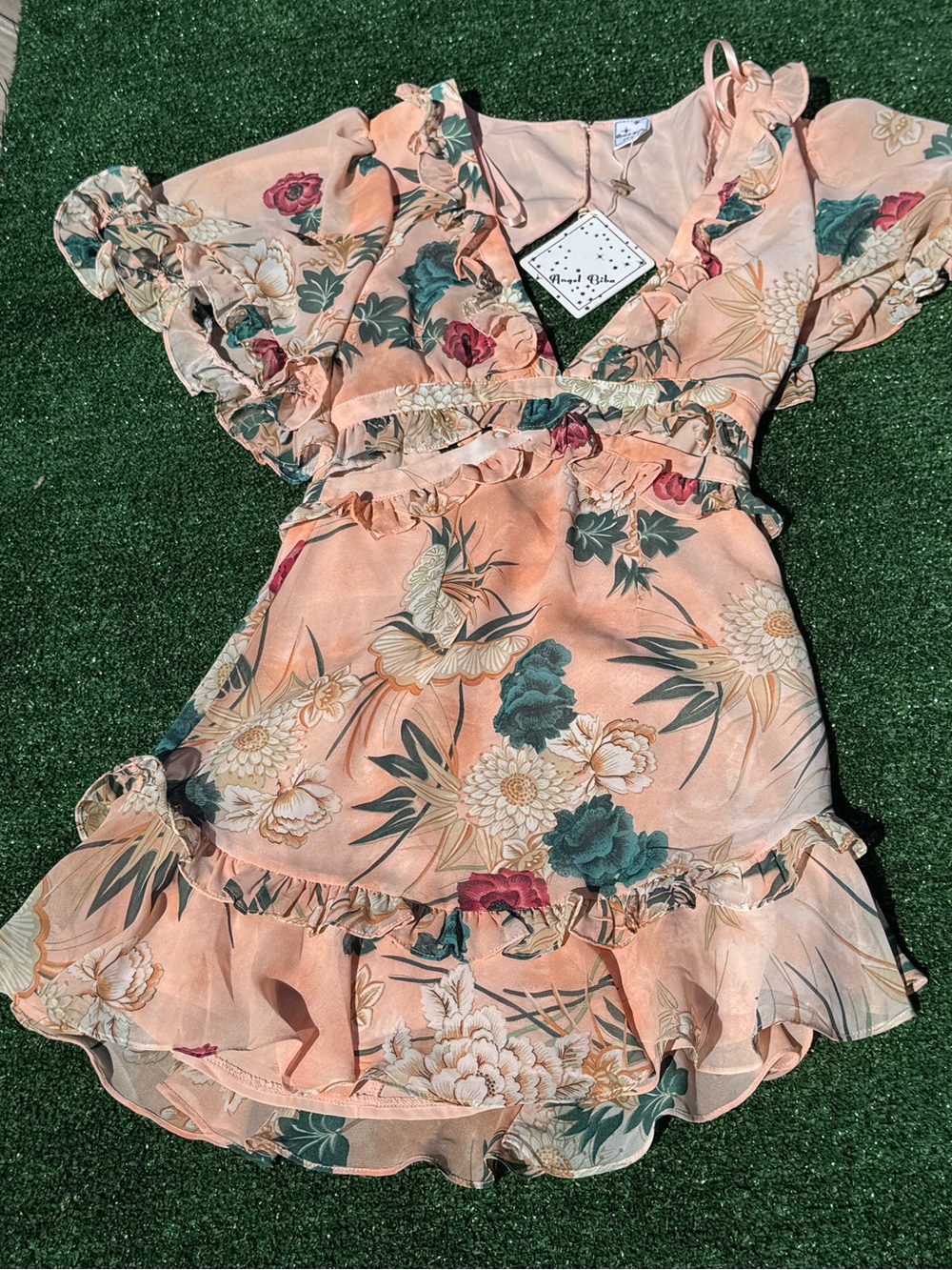 Angel Biba Peach Floral Ruffle Dress with Blue & Cream Accents